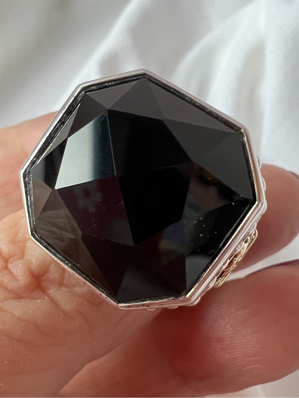 LAGOS 18K GOLD & STERLING SILVER LARGE FACETED ONYX RING STATEMENT UNISEX HEAVY